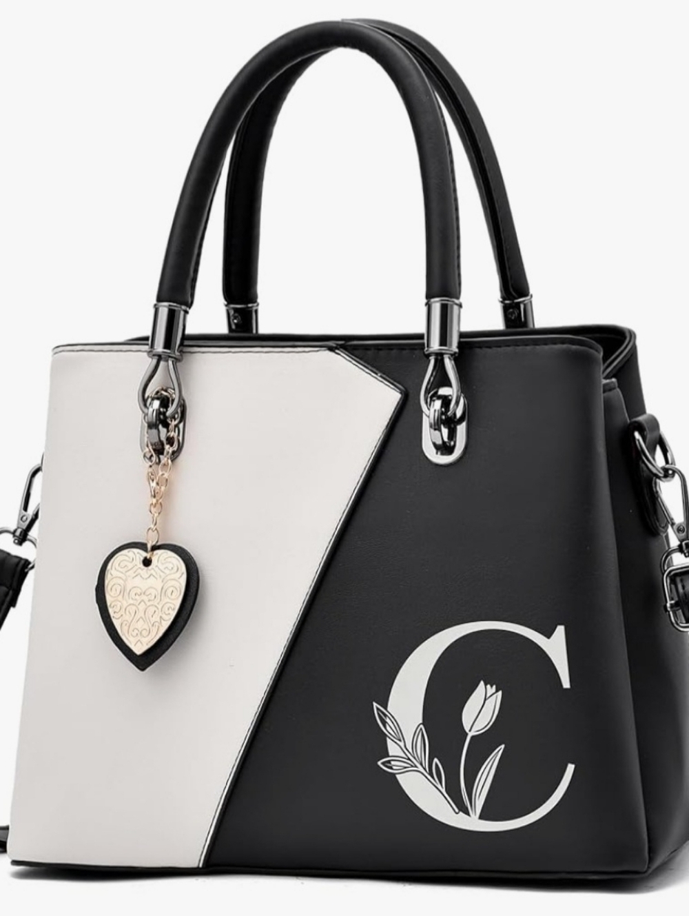 Chic Two-Tone Black & White Tote Bag with Heart Charm